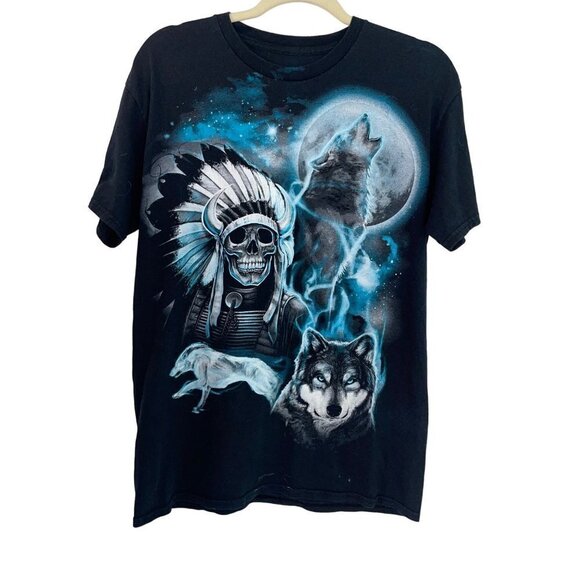 Mens Skull Wolf T-Shirt Black Blue Size Small Short Sleeve Crewneck Graphic - Picture 8 of 9